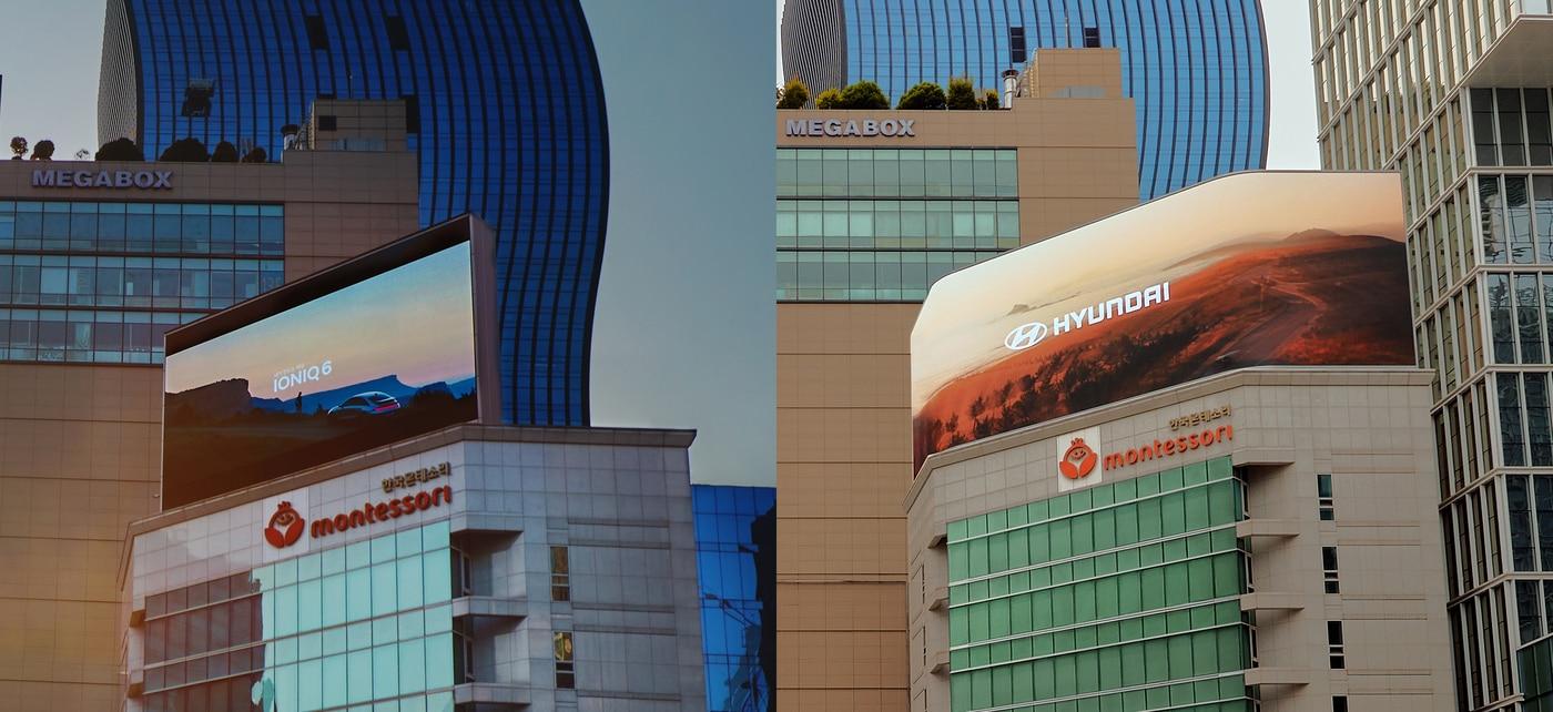 본문 이미지 - 강남 몬테소리 빌딩 옥외 미디어 '더 몬테 강남' 리뉴얼 전후. 서울 강남대로에 인근 전광판 중 최대 규격, 최고 화질로 총 면적은 337.5㎡에 달한다. (사진제공 = 이노션)