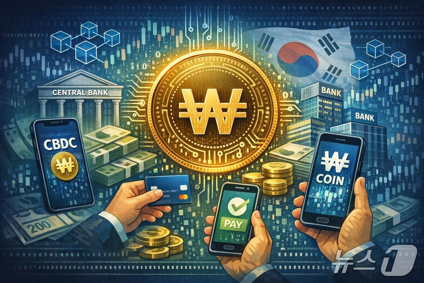 본문 이미지 - CBDC와 원화 스테이블코인을 표현한 인공지능(AI) 제작 일러스트.