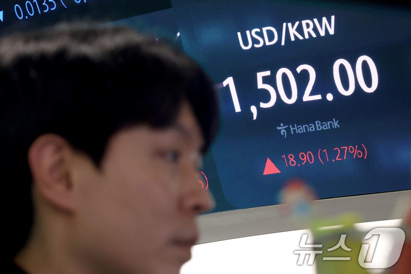 본문 이미지 - 장중 원·달러 환율이 달러당 1500원대로 올라선 19일 오후 서울 중구 하나은행 딜링룸 현황판에 18.90원(1.27%) 상승한 1,502.00원에 거래되고 있다. 2026.3.19 ⓒ 뉴스1 이광호 기자