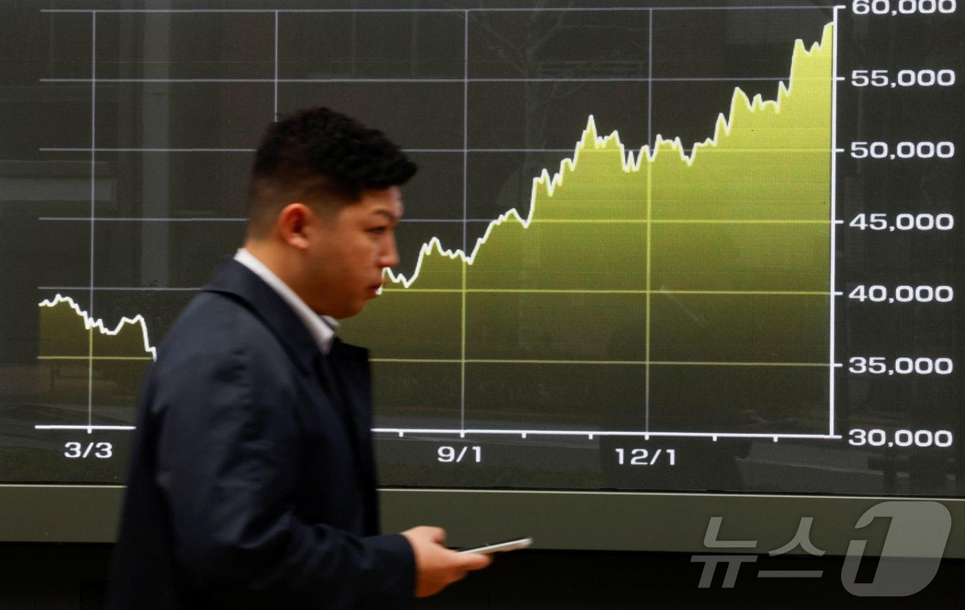 본문 이미지 - 도쿄의 한 증권사 앞 전광판에 올해 일본 닛케이 평균주가 추이를 보여주는 그래프가 표시된 가운데 한 시민이 지나가고 있다. 2026.3.2 ⓒ 로이터=뉴스1