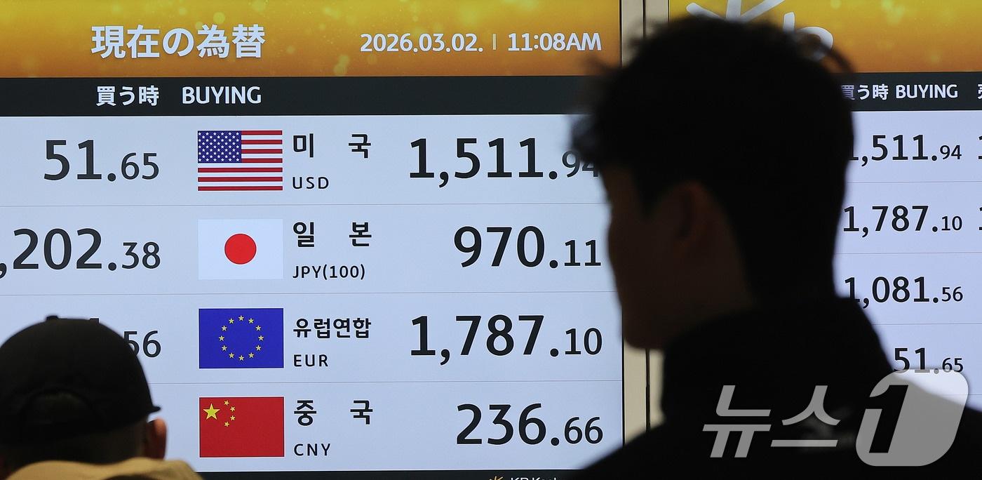 본문 이미지 - 2일 인천국제공항 환전소 전광판에 원·달러 환율 시세가 나타나고 있다. 2026.3.2 ⓒ 뉴스1 박지혜 기자