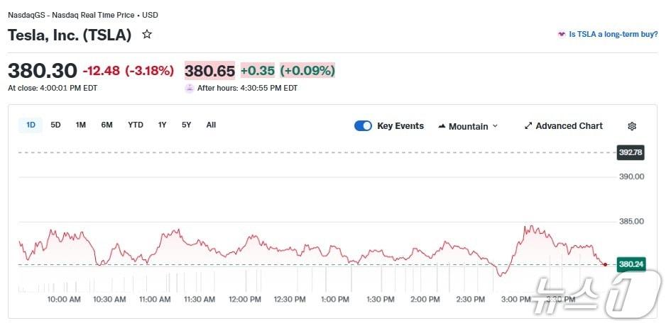 본문 이미지 - 테슬라 일일 주가 추이 - 야후 파이낸스 갈무리