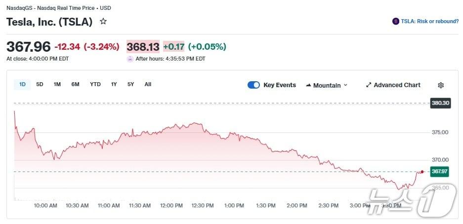 본문 이미지 - 테슬라 일일 주가 추이 - 야후 파이낸스 갈무리