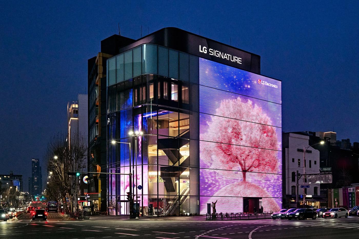 본문 이미지 - LG전자가 봄철을 맞아 서울 강남구 도산대로 소재 LG전자 플래그십 D5 외벽에 벚꽂을 주제로 한 미디어파사드를 선보인다.(LG전자제공)