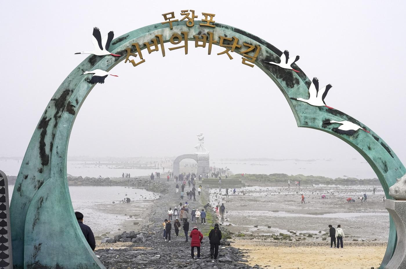 본문 이미지 - 보령 무창포해수욕장 신비의 바닷길에 체험객들이 줄지어 있다.(보령시 제공. 재판매 및 DB금지)2026.3.22/뉴스1 