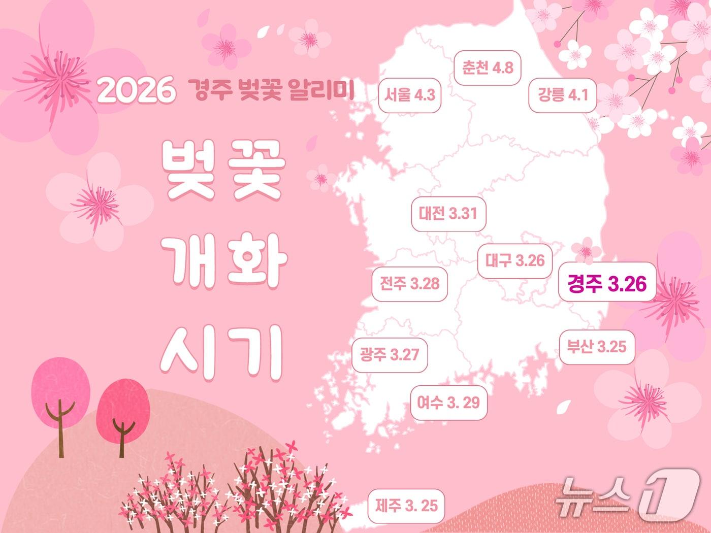 본문 이미지 - 23일 경북 경주시가 문화관광 누리집을 통해 봄꽃 개화정보를 한눈에 볼 수 있는 '벚꽃 알리미 서비스'를 운영하고 있다고 밝혔다.(경주시제공, 재판매 및 DB금자) 2026.3.23/뉴스1 