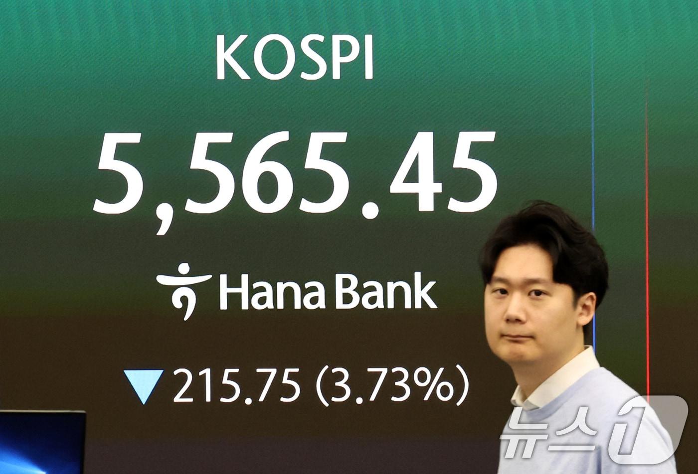 본문 이미지 - 코스피가 장 초반 급락하며 매도 사이드카가 발동된 23일 오전 서울 중구 하나은행 딜링룸 전광판에 증시 시황이 표시되고 있다. 2026.3.23 ⓒ 뉴스1 최지환 기자