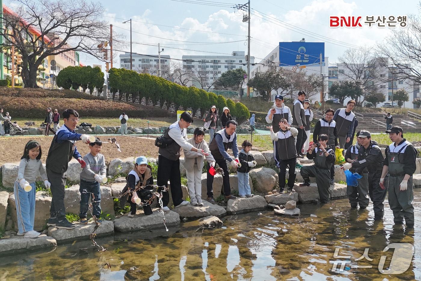 본문 이미지 - 지난 21일 김성주 부산은행장 및 직원들이 부산 동래구 온천천일대에서 EM흙공 및 미꾸라지 방류 등 생태계 개선 활동을 하는 모습 (부산은행 제공. 재판매 및 DB금지)