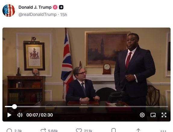 본문 이미지 - 도널드 트럼프 미국 대통령이 22일(현지시간) 트루스소셜에 공유한 영국판 SNL 영상 캡처