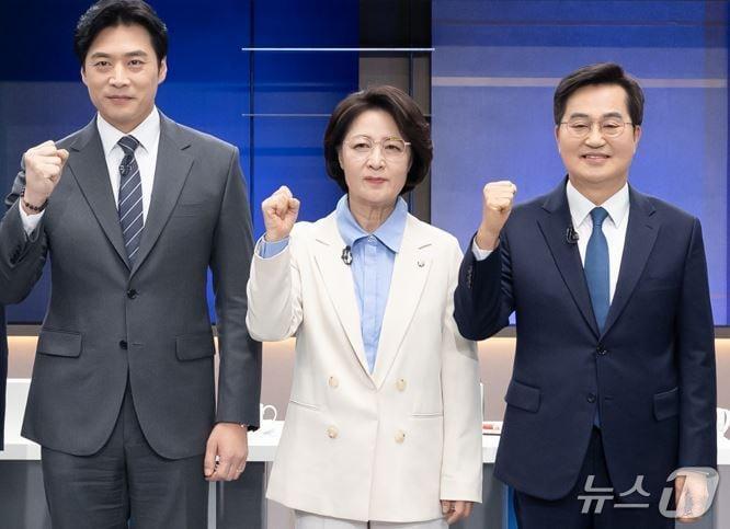 본문 이미지 - 왼쪽부터 더불어민주당 경기지사 후보 본경선에 나서는 한준호·추미애·김동연 후보.