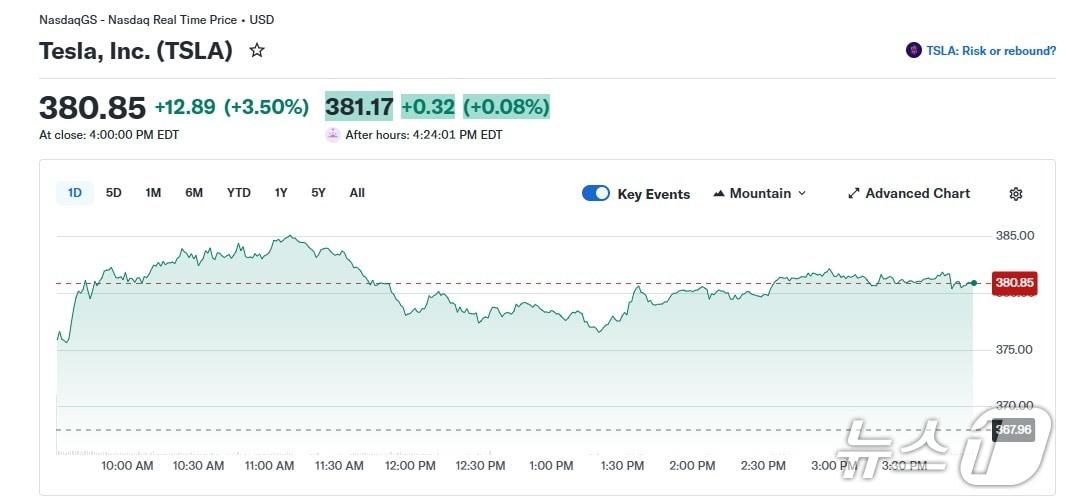 본문 이미지 - 테슬라 일일 주가 추이 - 야후 파이낸스 갈무리
