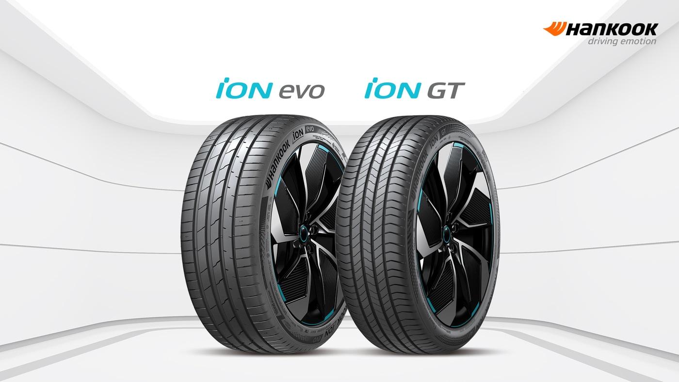 본문 이미지 - 한국타이어앤테크놀로지의 전기차 전용 타이어 브랜드 '아이온'(iON)의 퍼포먼스 타이어 '아이온 에보'(iON evo)와 '아이온 GT'(iON GT)의 모습(자료사진.한국타이어 제공).