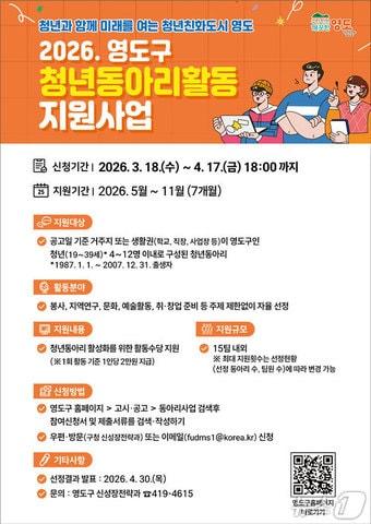 본문 이미지 - '2026년 청년동아리 활동 지원 사업' 안내 포스터 (부산 영도구 제공. 재판매 및 DB금지)