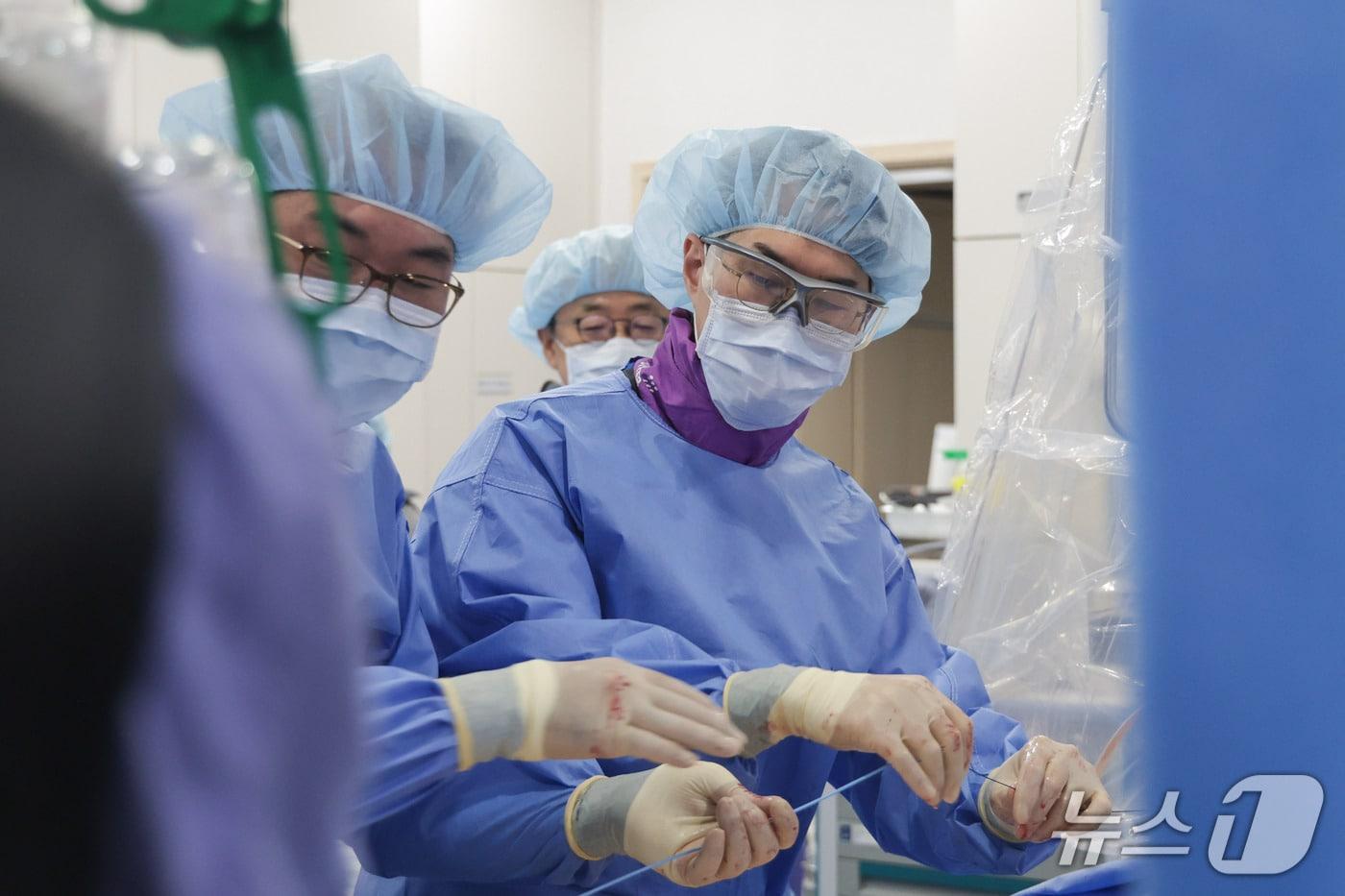 본문 이미지 - 이진호 경희대병원 심장내과 교수의 경피적 대동맥판막치환술(TAVI) 모습.(경희대병원 제공)