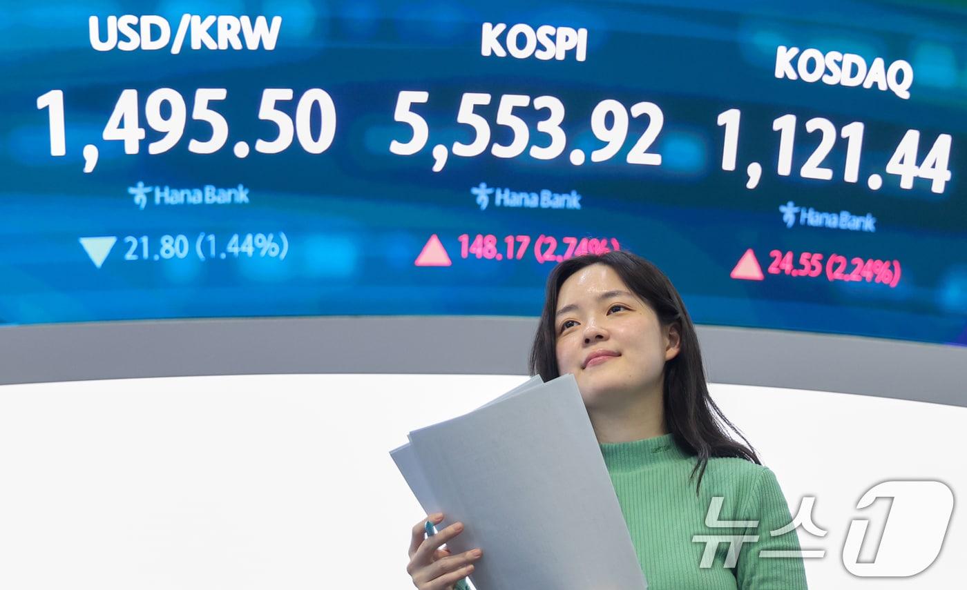 본문 이미지 - 코스피가 5500선을 회복한 24일 오후 서울 중구 하나은행 본점 딜링룸 전광판에 종가가 나오고 있다. 2026.3.24 ⓒ 뉴스1 안은나 기자