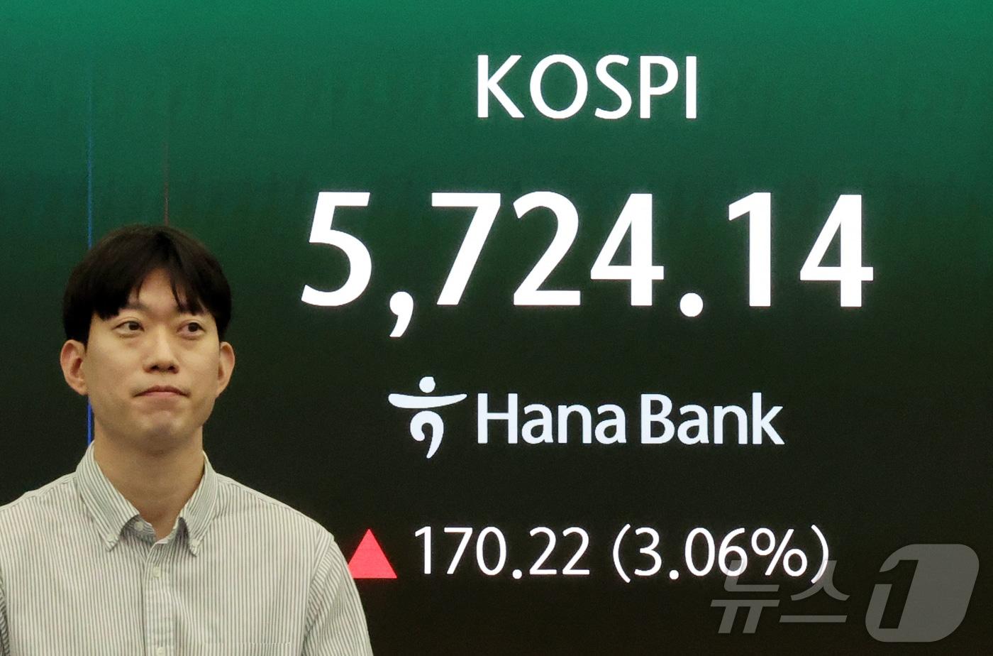 본문 이미지 - 25일 서울 중구 하나은행 딜링룸 전광판에 증시 시황이 표시되고 있다. 이날 코스피는 전 거래일 대비 170.22포인트(3.06%) 오른 5724.14를 기록하고 있다. 2026.3.25 ⓒ 뉴스1 김진환 기자