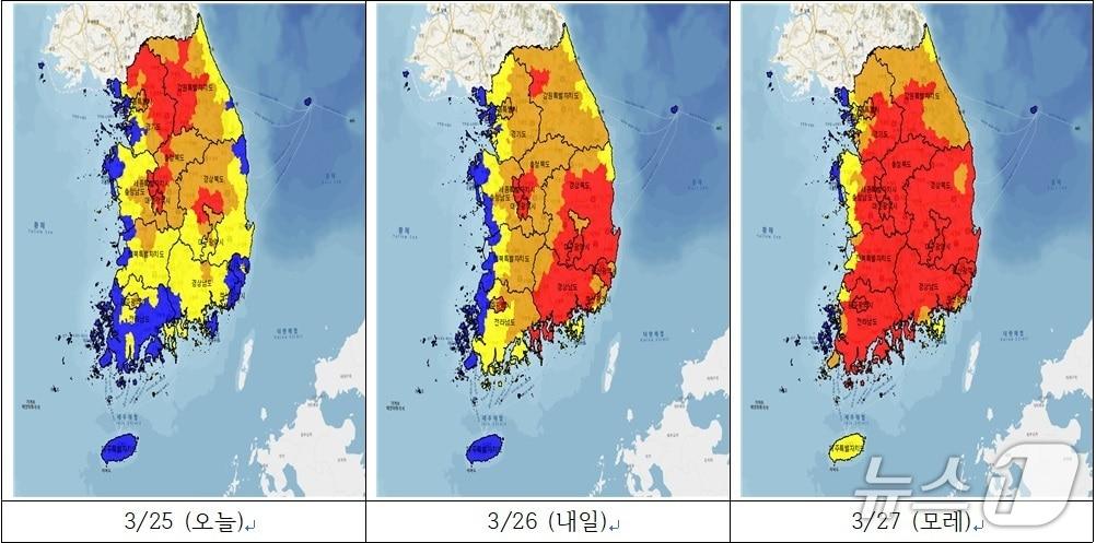 본문 이미지 - 3일간(3월 25일~27일) 15시 기준 산불위험지수 예측 결과