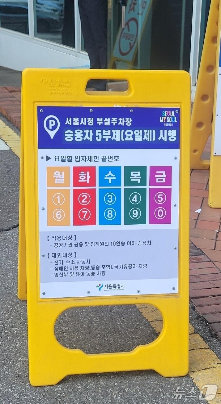 본문 이미지 - 서울시청 부설주차장에 승용차 5부제 시행을 알리는 입간판이 설치돼 있다. (서울시 제공)