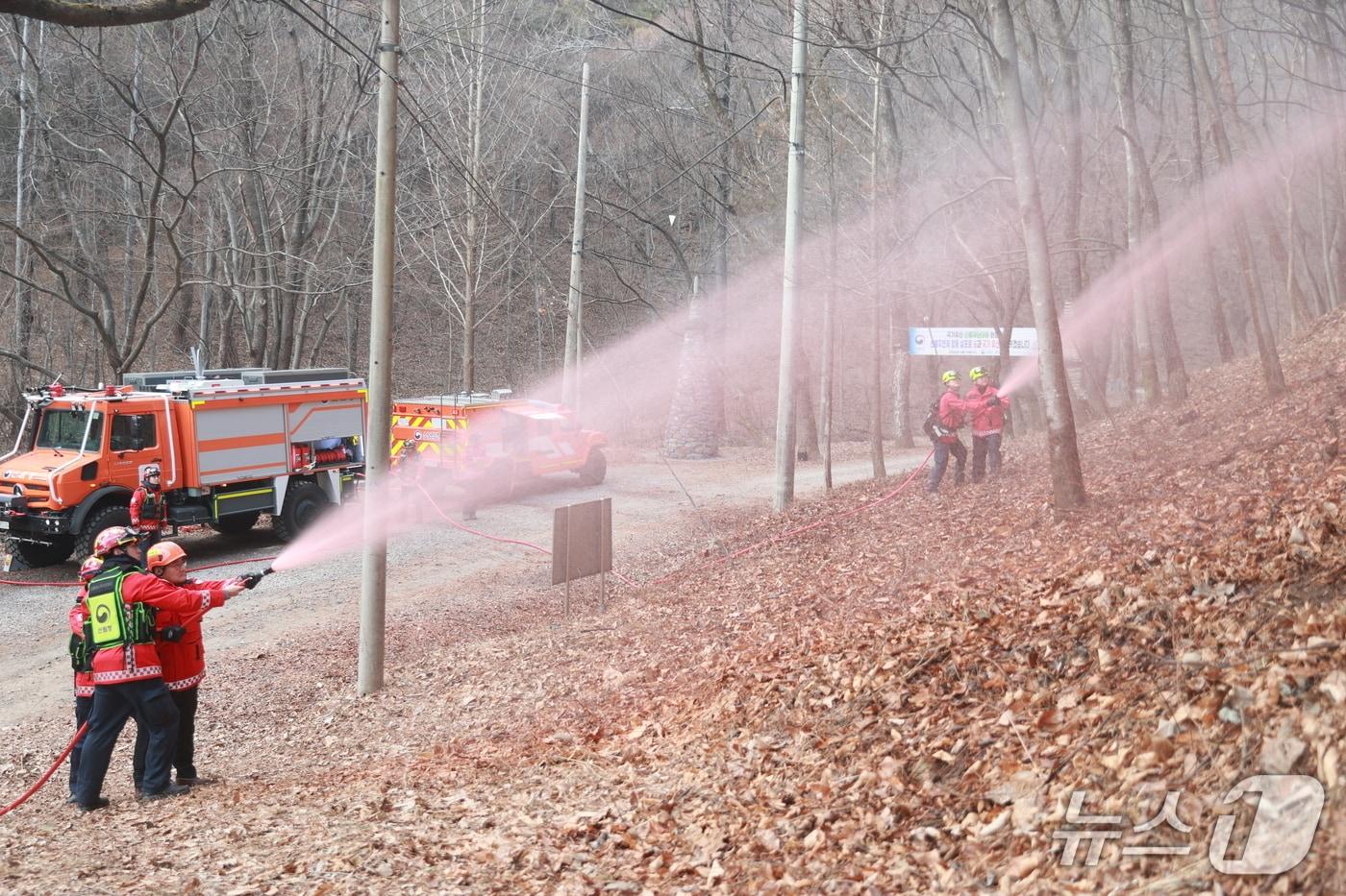 본문 이미지 - 동부지방산림청 영월국유림관리소 직원들이 국가유산인 영월 장릉을 보호하기 위해 산불지연제를 예방살포하는 모습.(동부산림청 제공, 재판매 및 DB 금지) 2026.3.25/뉴스1