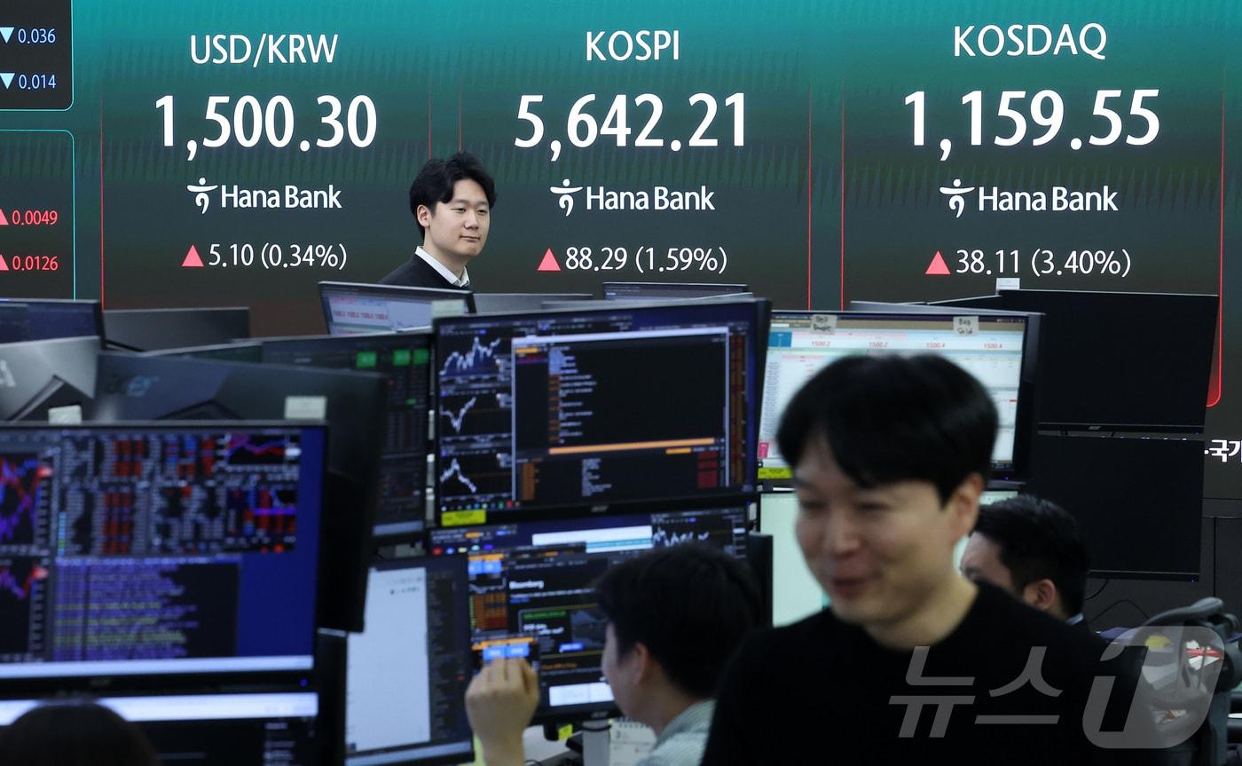 본문 이미지 - 25일 서울 중구 하나은행 본점 딜링룸 전광판에 종가가 표시되고 있다. 2026.3.25 ⓒ 뉴스1 김성진 기자
