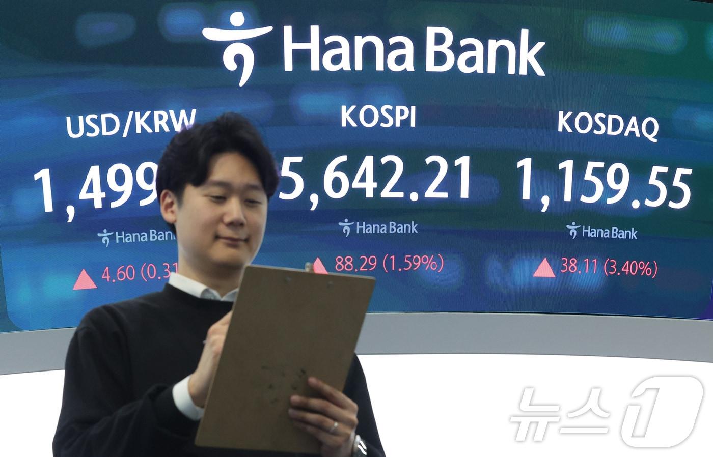 본문 이미지 - 25일 서울 중구 하나은행 본점 딜링룸 전광판에 종가가 표시되고 있다. 2026.3.25 ⓒ 뉴스1 김성진 기자