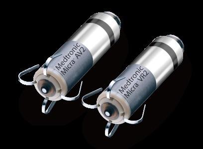 본문 이미지 - 메드트로닉 무전극선 심박동기 마이크라 AV2(Micra™ AV2)와 마이크라 VR2(Micra™ VR2). 배터리 수명 16-17년으로 연장돼 환자 80%는 평생 단일 기기로 치료받을 수 있다. (메드트로닉 제공)