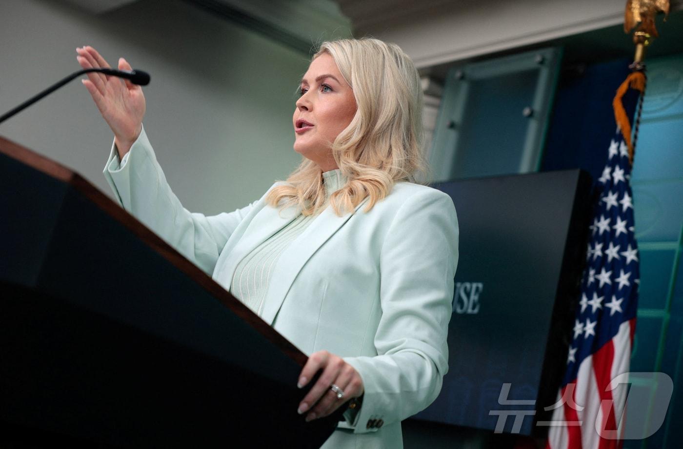 본문 이미지 - 캐롤라인 레빗 미국 백악관 대변인이 25일(현지시간) 워싱턴DC 백악관에서 정례브리핑을 진행하고 있다. 2026.03.25. ⓒ 로이터=뉴스1