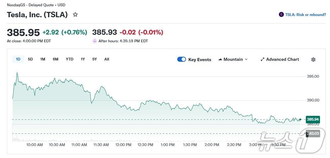 본문 이미지 - 테슬라 일일 주가 추이 - 야후 파이낸스 갈무리