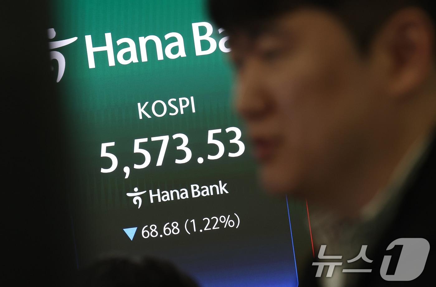 본문 이미지 - 26일 서울 중구 하나은행 딜링룸 전광판에 코스피 시황이 표시되고 있다. 이날 코스피는 전 거래일 대비 0.85% 하락한 5594.06으로 출발했다. 2026.3.26 ⓒ 뉴스1 오대일 기자