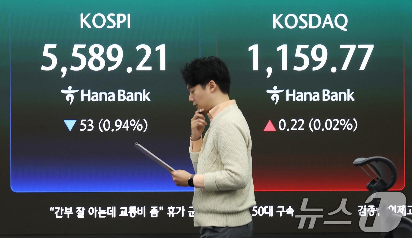 본문 이미지 - 26일 서울 중구 하나은행 딜링룸 전광판에 코스피 시황이 표시되고 있다. 이날 코스피는 전 거래일 대비 0.85% 하락한 5594.06으로 출발했다. 2026.3.26 ⓒ 뉴스1 오대일 기자