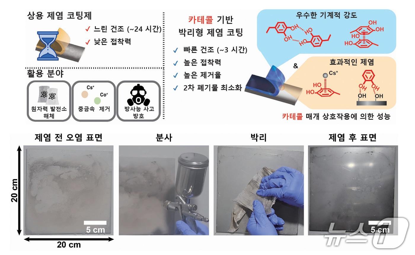 본문 이미지 - 한국원자력연구원과 울산과학기술원이 홍합 접착 단백질을 모사해 우수한 박리형 제염 코팅제를 개발했다. 사진 아래 스테인리스강 표면에서 박리형 제염 코팅제를 활용한 제염 과정 모습. (한국원자력연구원 제공. 재판매 및 DB금지) 2026.3.26/뉴스1