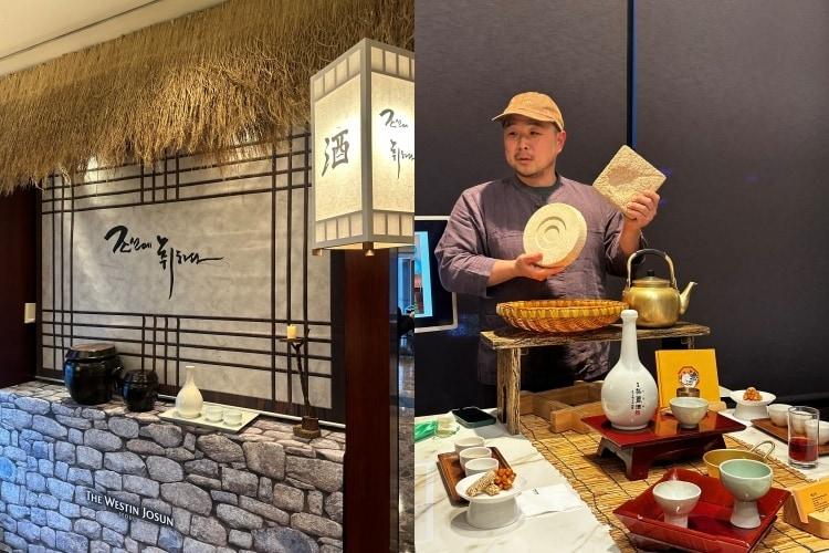 본문 이미지 - 25일 웨스틴조선서울에서 진행된 한마루 이벤트 막걸리 클래스에서 김도영 '백구생' 대표가 누룩을 들고 막걸리에 대해 설명하고 있다.(조선호텔앤리조트 제공)