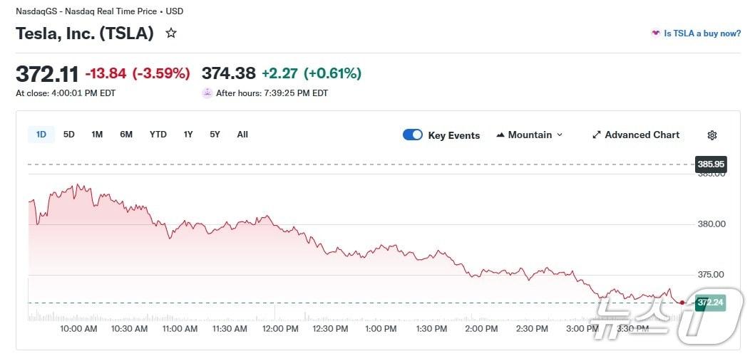 본문 이미지 - 테슬라 일일 주가 추이 - 야후 파이낸스 갈무리