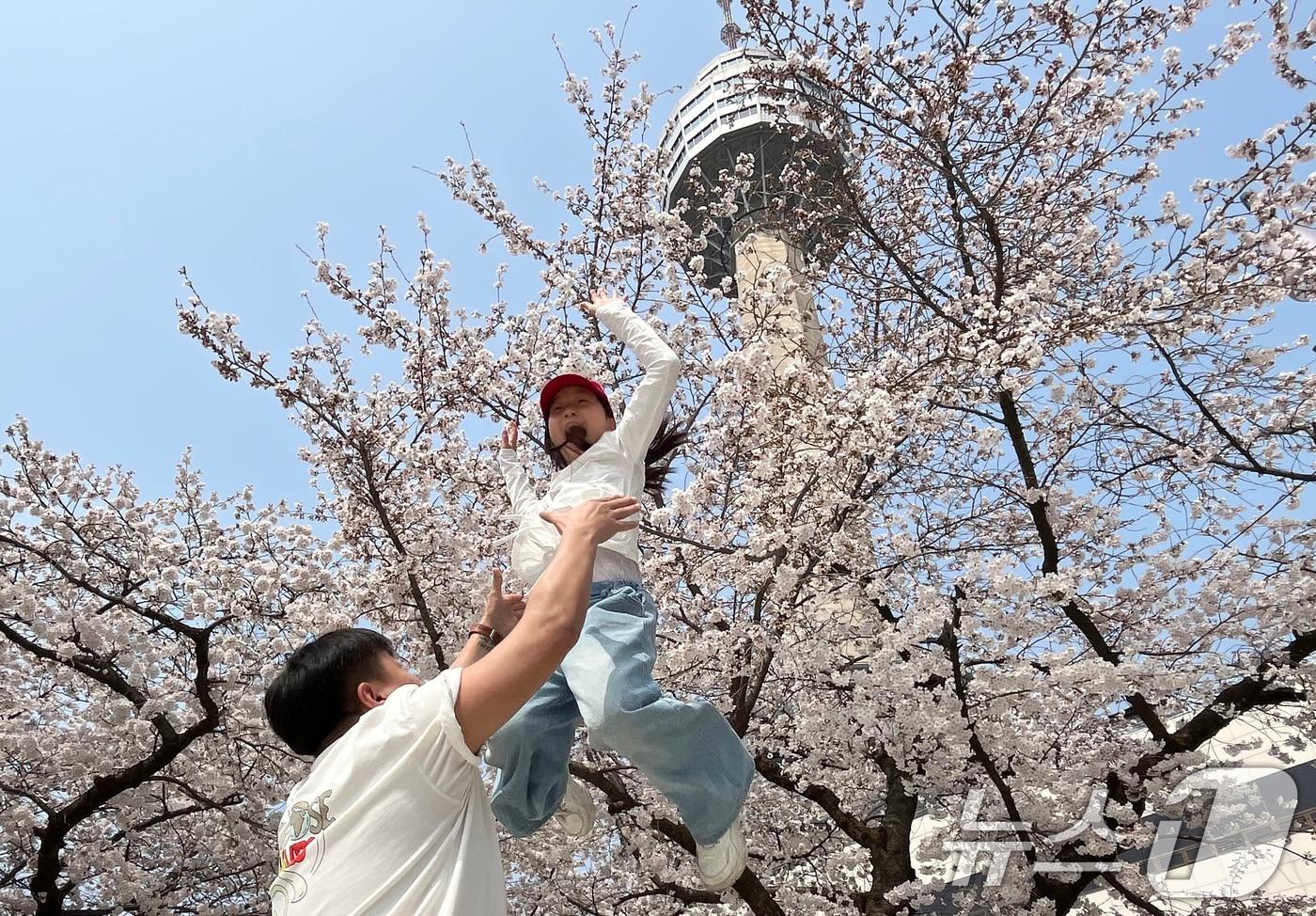 본문 이미지 - 27일 대구 달서구 테마파크 이월드를 찾은 시민들이 활짝 핀 벚꽃을 배경으로 사진을 찍고 있다. 2026.3.27 ⓒ 뉴스1 공정식 기자