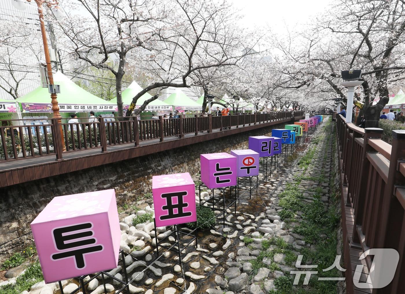 본문 이미지 - 27일 진해군항제가 열리고 있는 경남 창원 진해구 여좌천 로망스다리 인근에 6·3 지방선거를 앞두고 경남도선거관리위원회가 설치한 선거 참여 문구가 보이고 있다. (사진은 기사 내용과 무관함) 12026.3.27 ⓒ 뉴스1 윤일지 기자