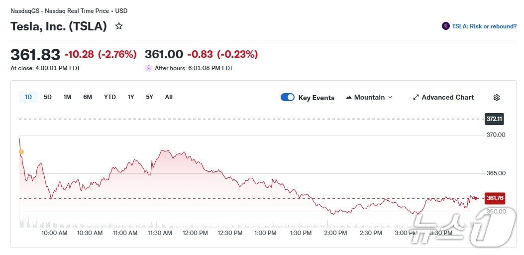 본문 이미지 - 테슬라 일일 주가 추이 - 야후 파이낸스 갈무리