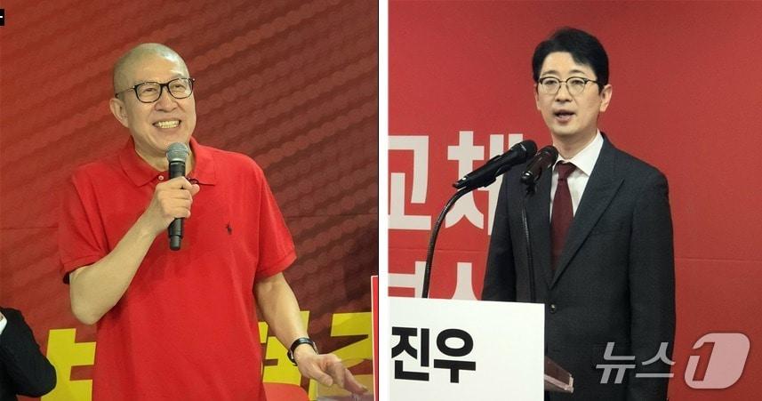 본문 이미지 - 각자의 경선캠프 개소식에서 인사말을 하고 있는 박형준 부산시장(왼쪽)과 주진우 국회의원..2026.3.28 ⓒ 뉴스1 이주현 기자