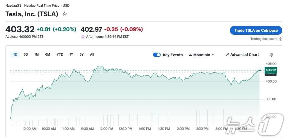 본문 이미지 - 테슬라 일일 주가 추이 - 야후 파이낸스 갈무리