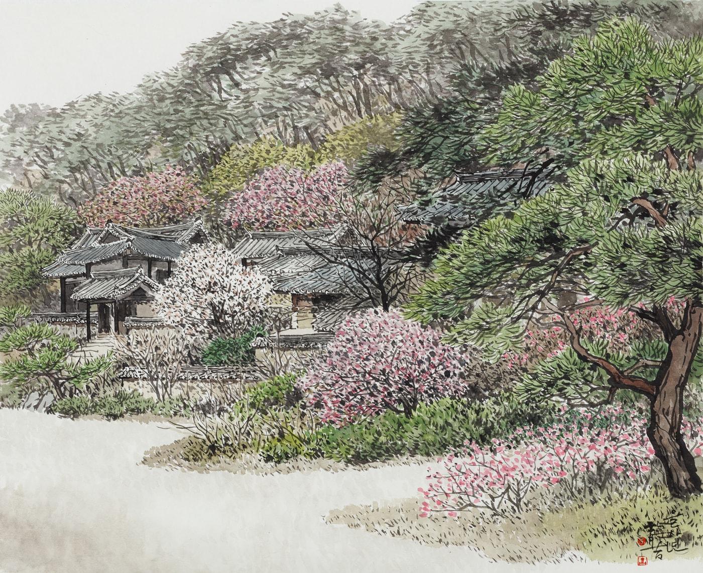 본문 이미지 - 오용길 봄의기운-고택(古宅) 53x65cm 한지에 먹과 채색 2025년작-3030 (청작화랑 제공)