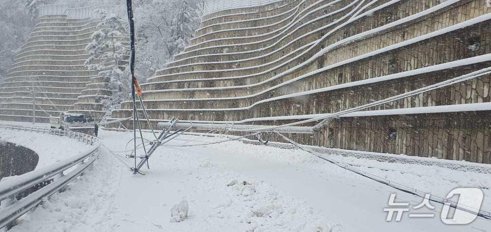 본문 이미지 - 3일 강원 강릉 왕산면 대기리에서 제설차와 충돌해 쓰러진 전신주.(강원도소방본부 제공, 재판매 및 DB 금지) 2026.3.3/뉴스1