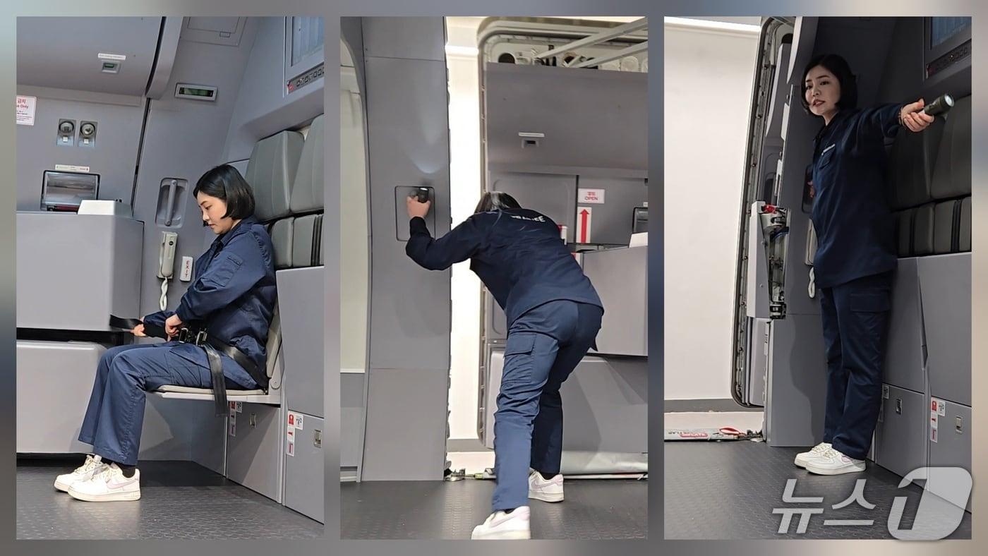 본문 이미지 - 27일 경기 부천 유한대학교에 문을 연 파라타항공 항공훈련센터 내 '도어 트레이너'(Door Trainer) 훈련장에서 파라타항공 승무원이 항공기 불시착 상황을 가정해 비상문 잠금을 수동으로 해제하고 승객들을 기내 밖으로 대피시키는 전 과정을 취재진에게 보여주고 있다. 2026.3.27/뉴스1 김성식 기자
