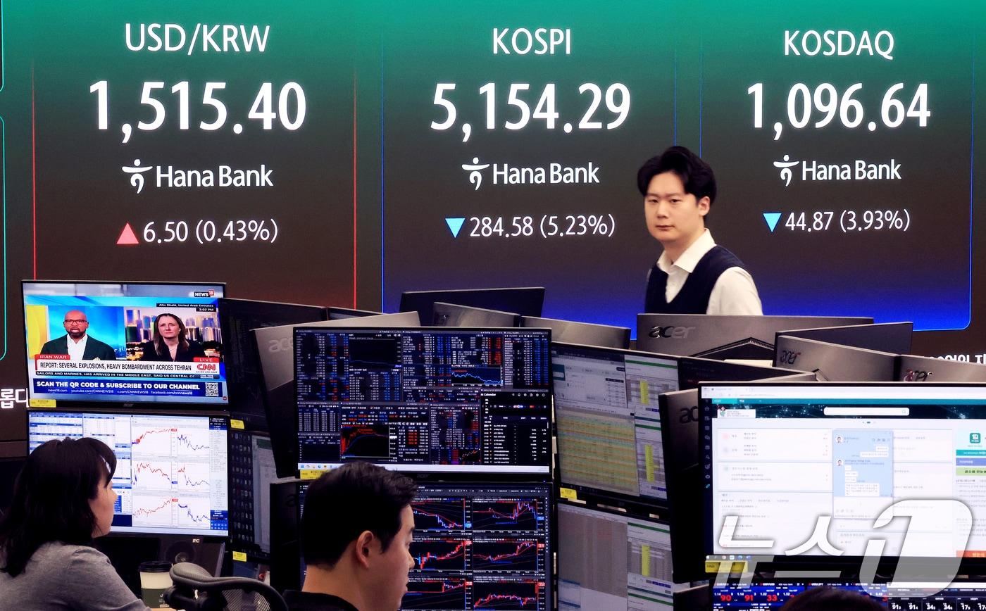 본문 이미지 - 30일 서울 중구 하나은행 딜링룸 전광판에 증시 시황이 표시되고 있다. 이날 코스피는 전 거래일 대비 257.07포인트(4.73%) 내린 5181.8로, 코스닥 지수는 39.74포인트(3.48%) 하락한 1101.77로 개장했다. 원·달러 환율은 전거래일 대비 6.5원 오른 1515.40원에 거래되고 있다. 2026.3.30 ⓒ 뉴스1 이호윤 기자