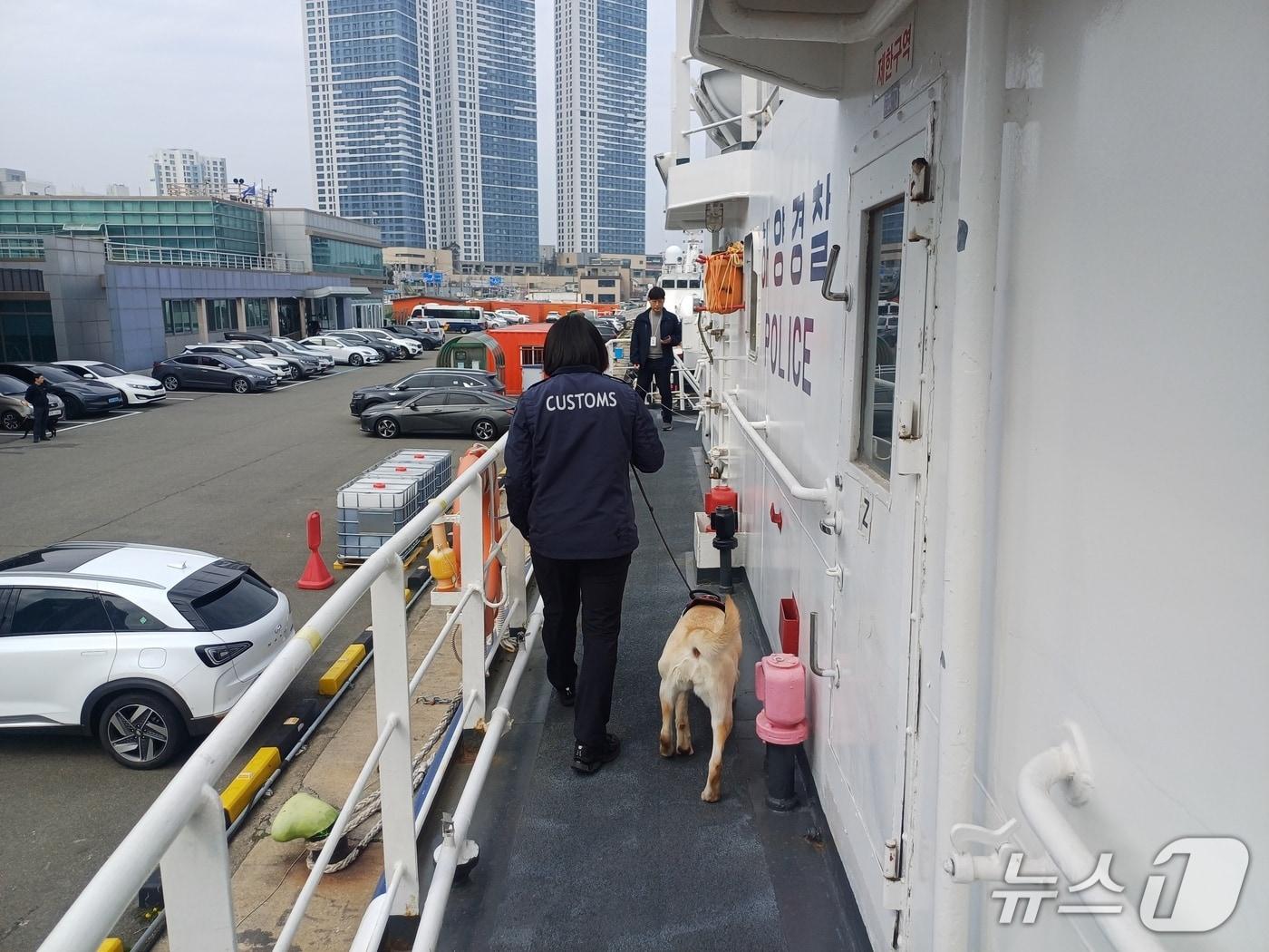 본문 이미지 - 속초해경 경찰관과 마약탐지견 제시가 30일 마약류 밀반입 차단을 위한 합동훈련을 하고 있다.(속초해경 제공, 재판매 및 DB 금지) 2026.3.30/뉴스1