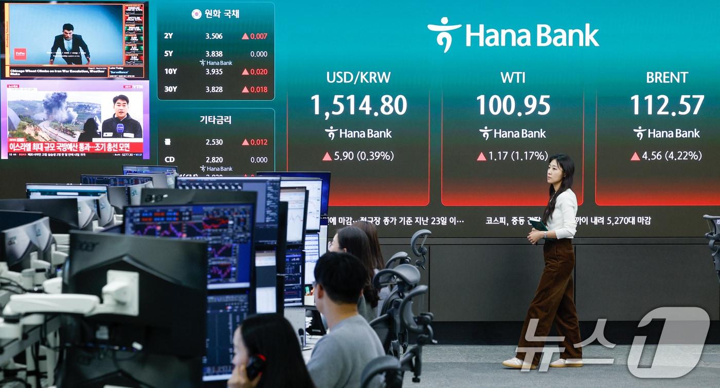 본문 이미지 - 서울 중구 하나은행 본점 딜링룸 전광판에 달러·원 환율과 서부텍사스산원유(WTI), 브렌트유 가격과 중동 전쟁 관련 뉴스가 나오고 있다. ⓒ 뉴스1 안은나 기자