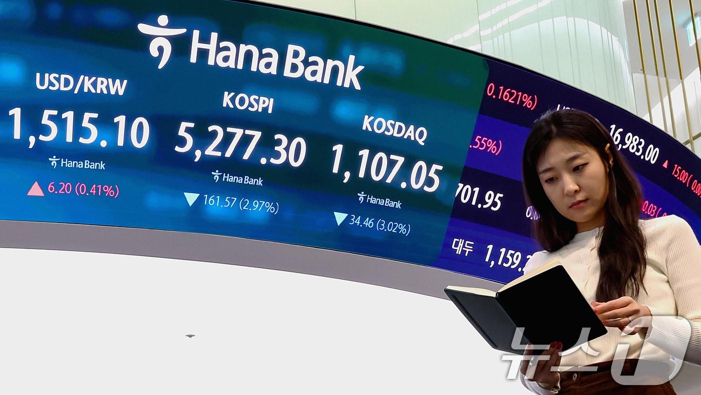 본문 이미지 - 30일 오후 서울 중구 하나은행 딜링룸 현황판에 전장대비 161.57포인트(2.97%) 하락한 5,277.30을 나타내고 있다. 2026.3.30 ⓒ 뉴스1 조연우 인턴기자