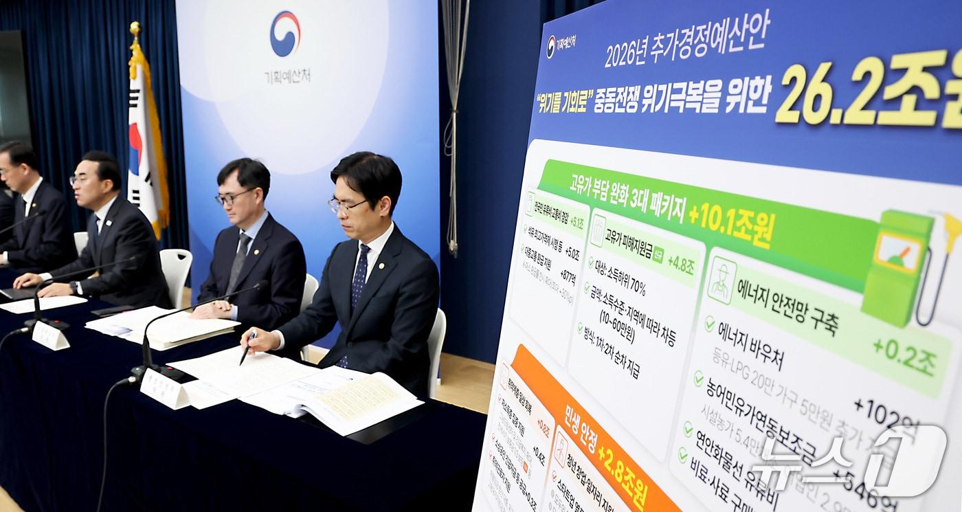 본문 이미지 - 27일 박홍근 기획예산처 장관이 정부세종청사에서 '중동전쟁 위기극복을 위한 2026년 추가경정예산안' 내용을 발표하고 있다. 2026.3.31 ⓒ 뉴스1 김기남 기자