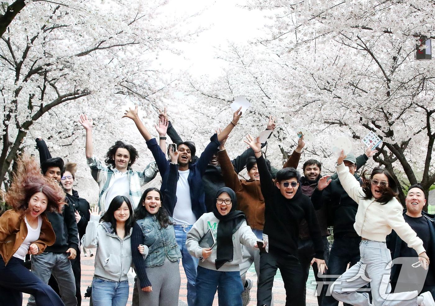 본문 이미지 - 31일 대구 북구 경북대학교에서 열린 '개교 80주년 기념 벚꽃 거리 축제'를 찾은 외국인 유학생들이 일청담 주변에 활짝 핀 벚꽃을 배경으로 기념촬영을 하고 있다. 2026.3.31 ⓒ 뉴스1 공정식 기자