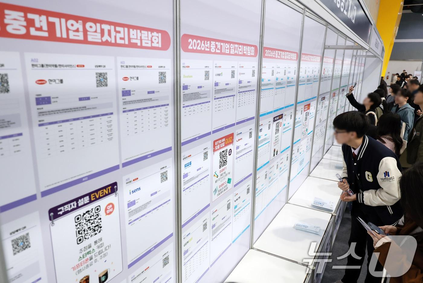 본문 이미지 - 31일 서울 서초구 aT센터에서 열린 '2026년 중견기업 일자리박람회'를 찾은 구직자들과 학생들이 채용공고게시대를 살펴보고 있다. 2026.3.31 ⓒ 뉴스1 이호윤 기자