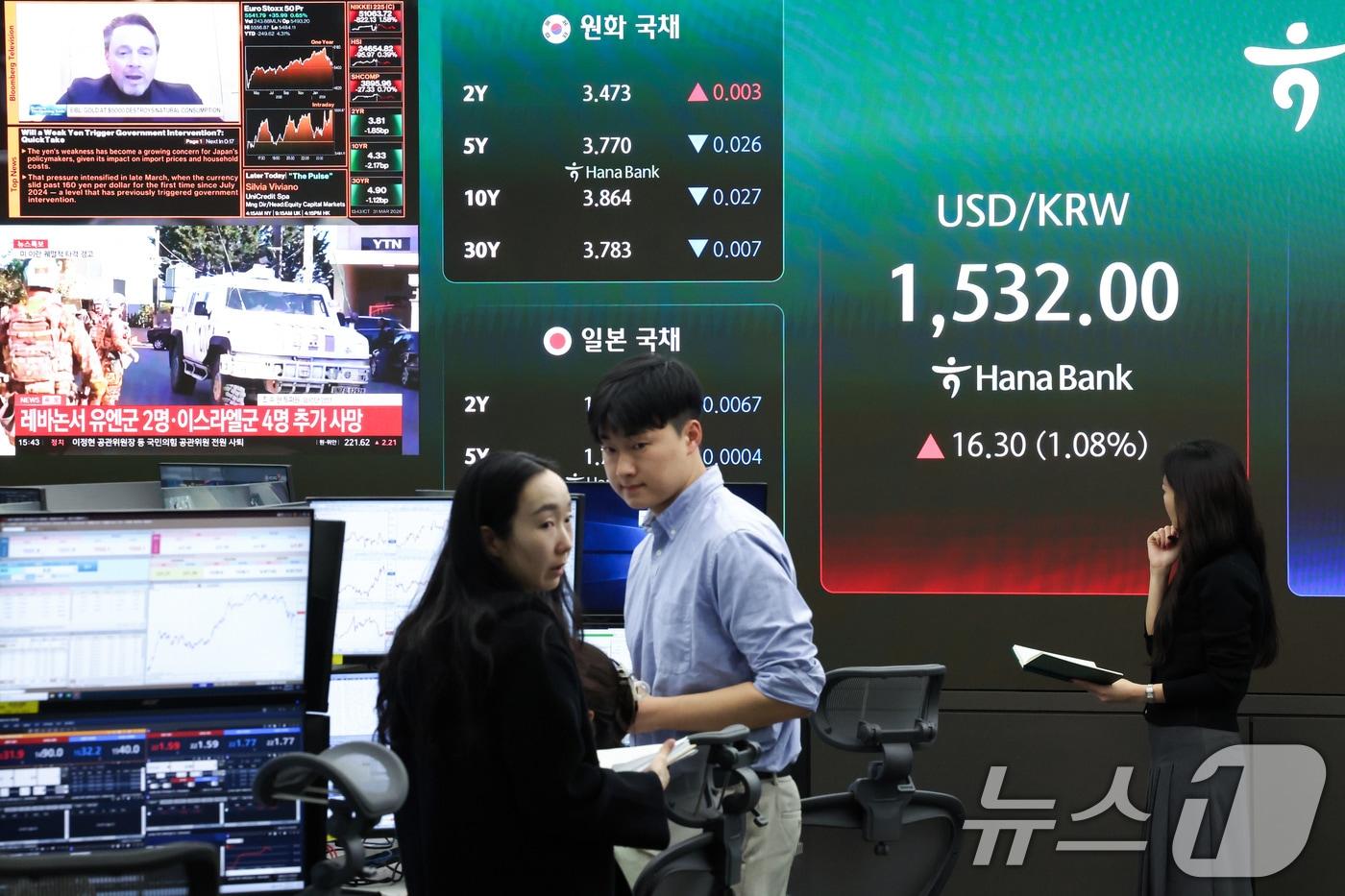 본문 이미지 - 중동 긴장 고조가 이어지는 31일 오후 서울 중구 하나은행 본점 딜링룸 전광판에 증시 시황이 표시되고 있다. 2026.3.31 ⓒ 뉴스1 임지훈 인턴기자