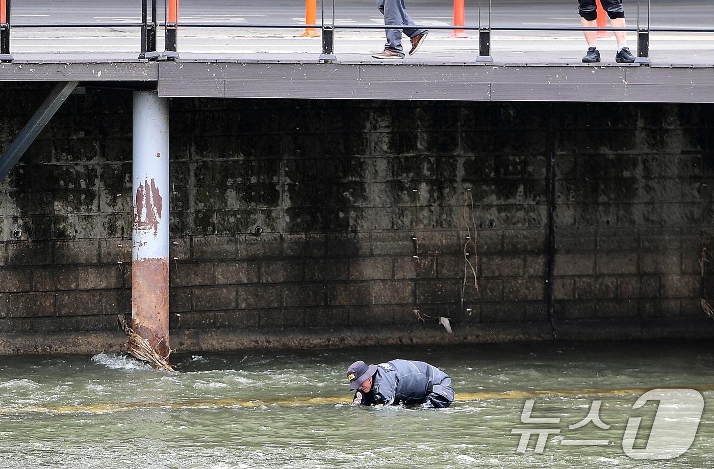 본문 이미지 - 31일 오전 10시 30분쯤 "신천에 수상한 캐리어가 있다＂는 신고를 접수한 경찰이 대구 북구 칠성동 잠수교 주변을 수색하고 있다. 경찰은 캐리어 안에서 여성 시신을 발견해 수사에 나섰다. (독자 제공. 재판매 및 DB 금지) 2026.3.31 ⓒ 뉴스1 공정식 기자